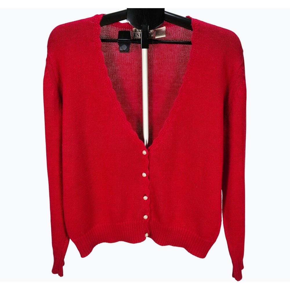 Women's VTG Large Cotton Ramie‎ Red Cardigan Sweater Pearl Button Cottagecore